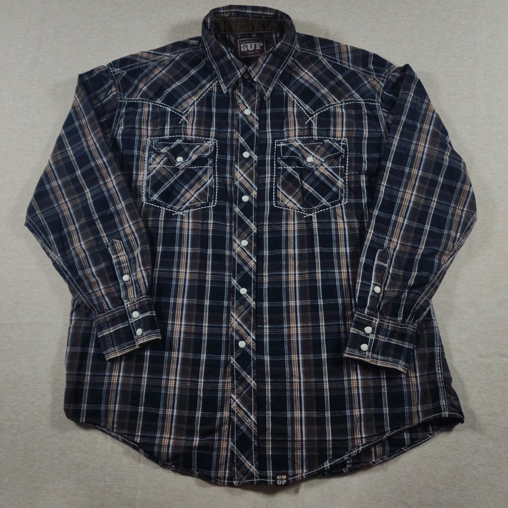 Cowboy‎ Up Mens Shirt Large Plaid Pearl Snap Western Yoke Long Sleeve Cotton CB